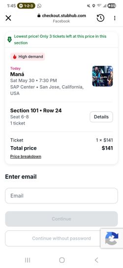 Mana ticket for sale san jose ca lower level