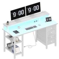 White Desk with Drawers Storage - 47 inch Home Office Computer Gaming Desks with Monitor Stand LED Lights and Power Outlets