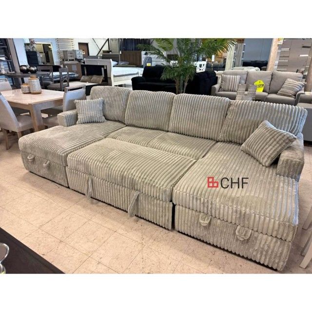 Ash / Smoke Color Convertible U Shaped Sectional Sleeper Sofa And Double Chaise Storage