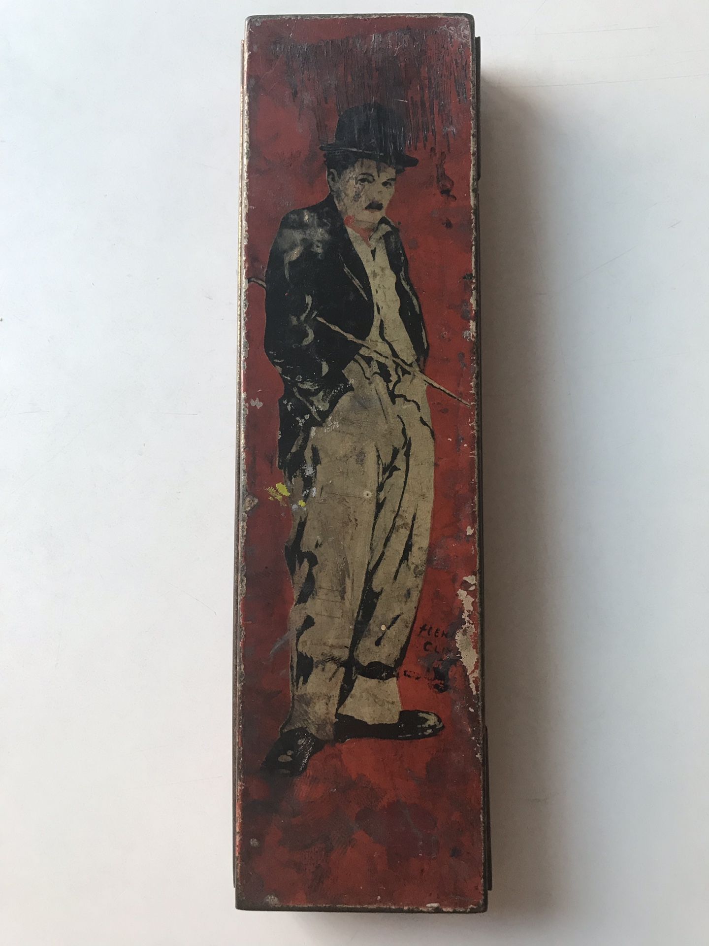 1930’s Charlie Chaplin Red Tin Pencil or Art Box artist Henry Clive made by Beautebox Canco. $32-
