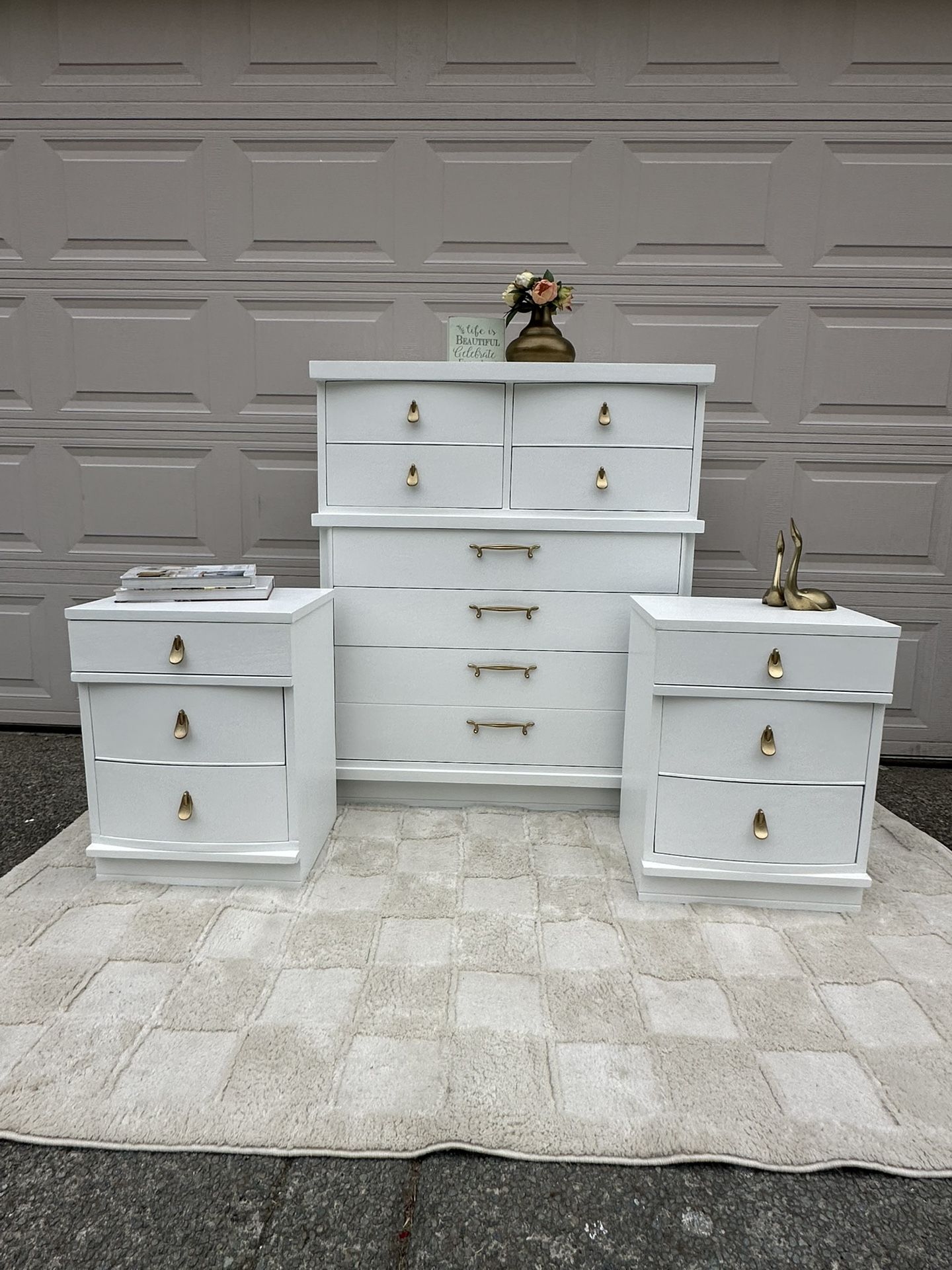 Freshly Refinished MCM Dixie Tallboy Dresser and 2 Nightstands