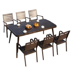 Patio Furniture Set, 7 PiecesAluminum Alloy 180x90cm Long Dining Table Set with 6 Stackable Slat Chairs