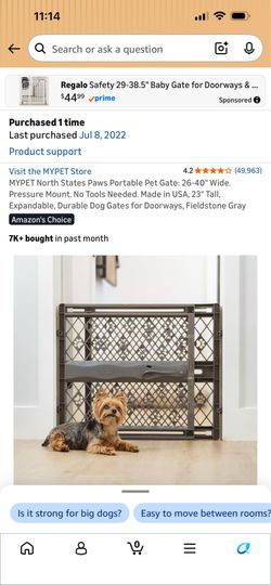 MYPET North States Paws Portable Pet Gate: 26-40" Wide. Pressure Mount. No Tools Needed. Made in USA, 23" Tall,