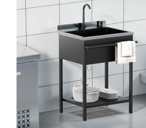 ROVSUN Black Electroplated Stainless Steel Utility Sink with Towel Rack and Storage Shelf, 20.7"D x 25.7"W x 38.9"H Freestanding Laundry & Prep Sink f