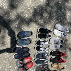Variety Of Sneakers And One Pair of Shoes and Red And black champagne Slides 