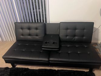Black Faux Leather Futon Sofa with Cup Holders