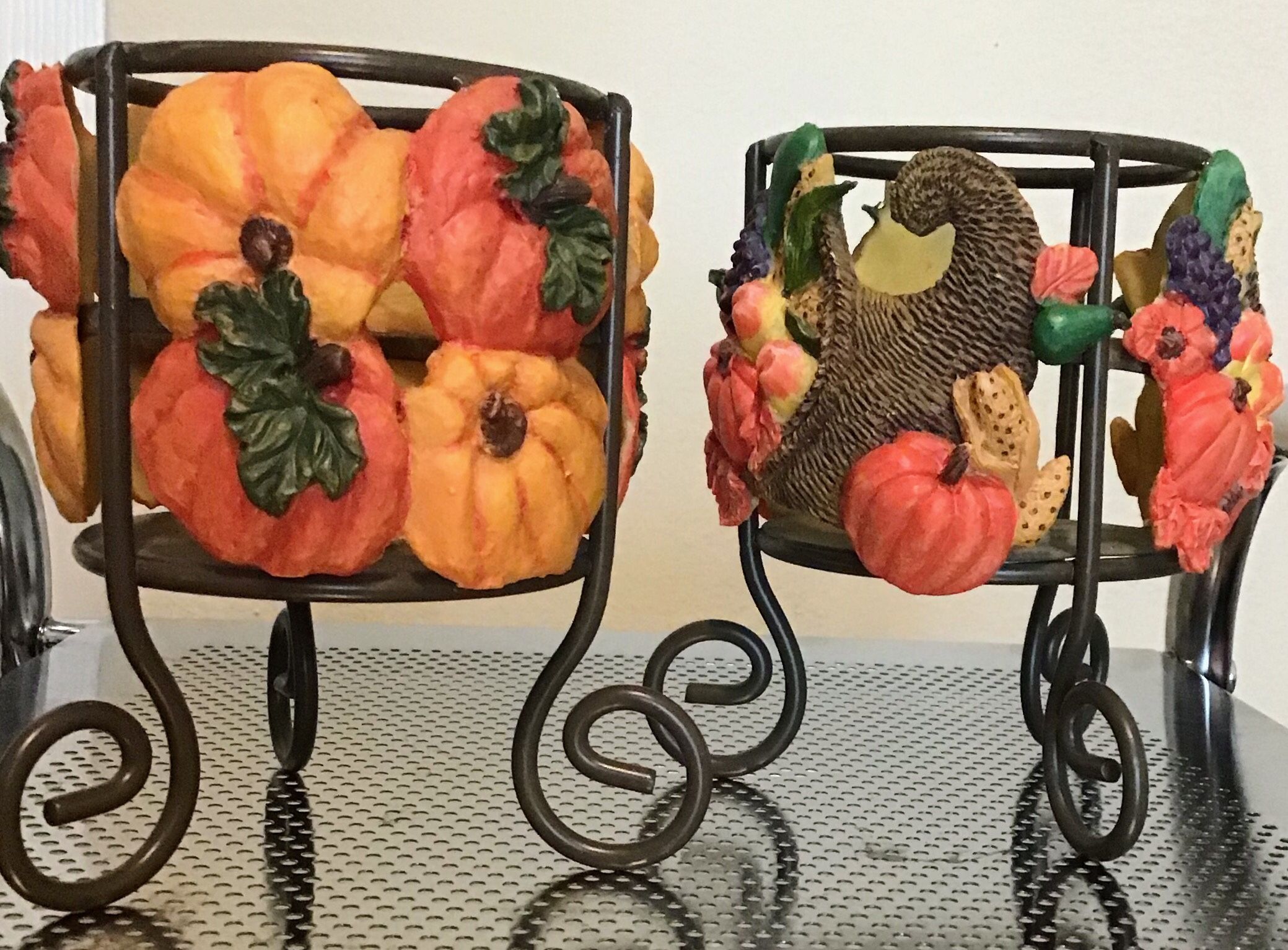 Autumn pumpkin and gourd candle holders wrought iron frame