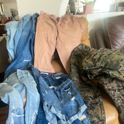 2 Marine Sets Pans L 30”w , 44&46” L & Tops  Size S M , 2 Beige L 5 long Size 44 1 Short Jeans $ 15/1 