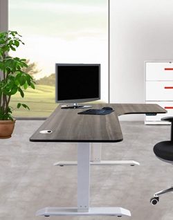 Caesar Hardware Adjustable Sit to Stand L-Shaped Corner Work Office Desk with White Legs Ergonomic 63-in 3 Memory Buttons LED Electric Automatic Heigh