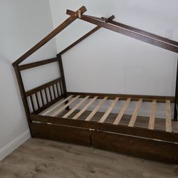 Twin Size House Bed for Kids, Wood Floor Bed Frame with Drawers, Fun Playhouse Bed