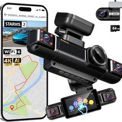 4K STARVIS 2 Dash Cam Front Rear, 5.8GHz WiFi 20MB/s Download, Free 64GB Card, 4 Channel 360° Dash Camera, 3" Touch Screen, AI Driver Monitor System, 
