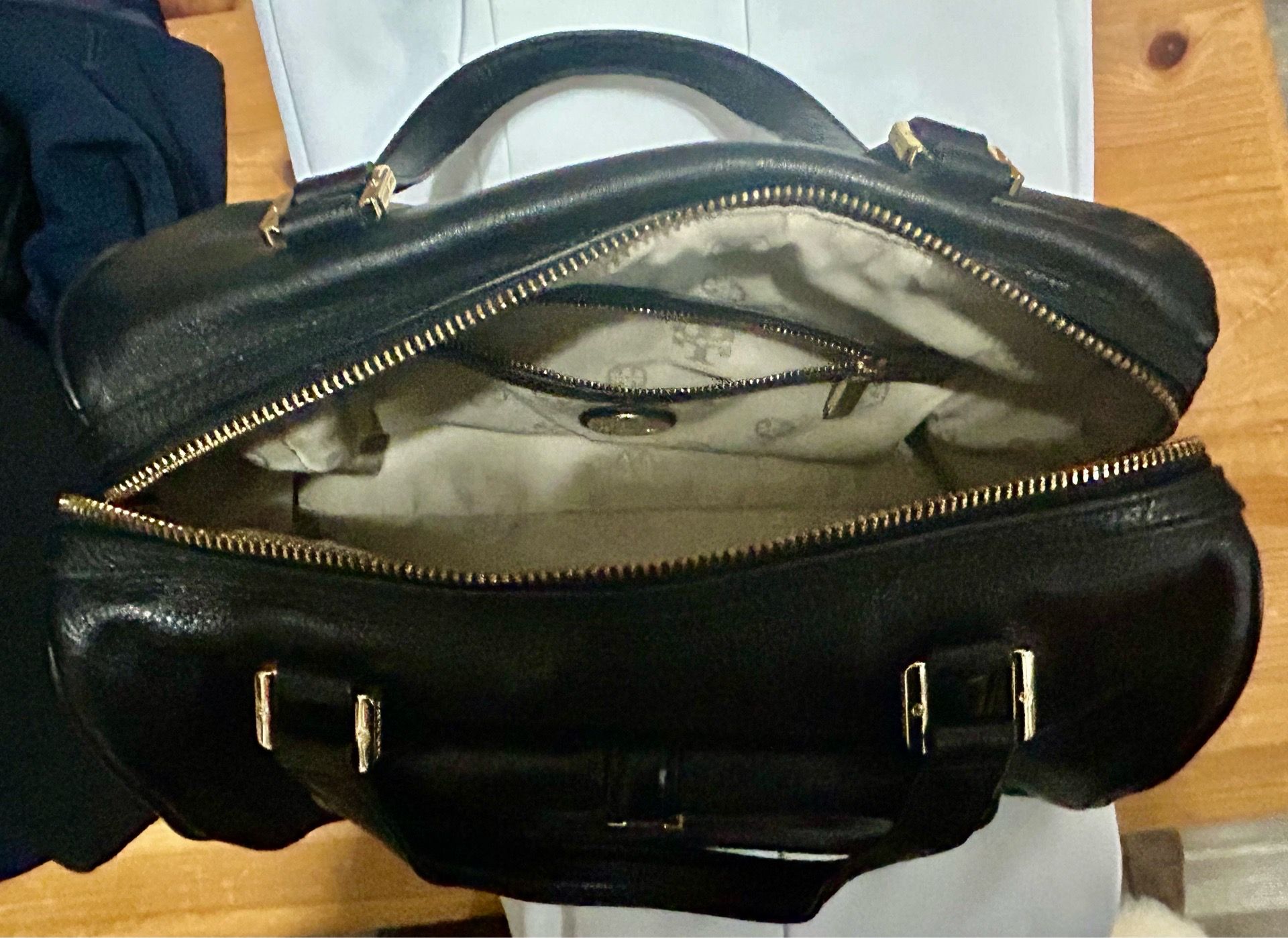 Like New Tory Burch Black Leather Front Pocket Boston Satchel with Gold Hardware