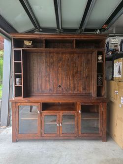 Large Rustic Wood Entertainment Center, Coffee Table, Side Table, Lamps and Decor Included