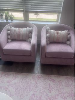Moving Sale Pink Suede Swivel Accent Chairs with Gold Base – Set of 2