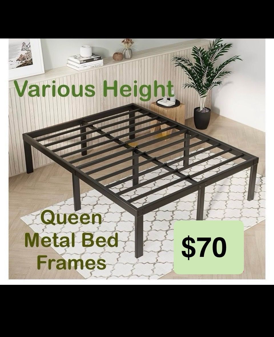 14” or 16” or 18” Heights Available- Queen Size Metal Bed Frame - Black Basic Anti Squeak Steel Slats Platform, Mattress not Included, Easy Assembly