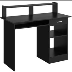 Alden Design Wooden Home Office Computer Desk with Drawers, Keyboard Tray, Black