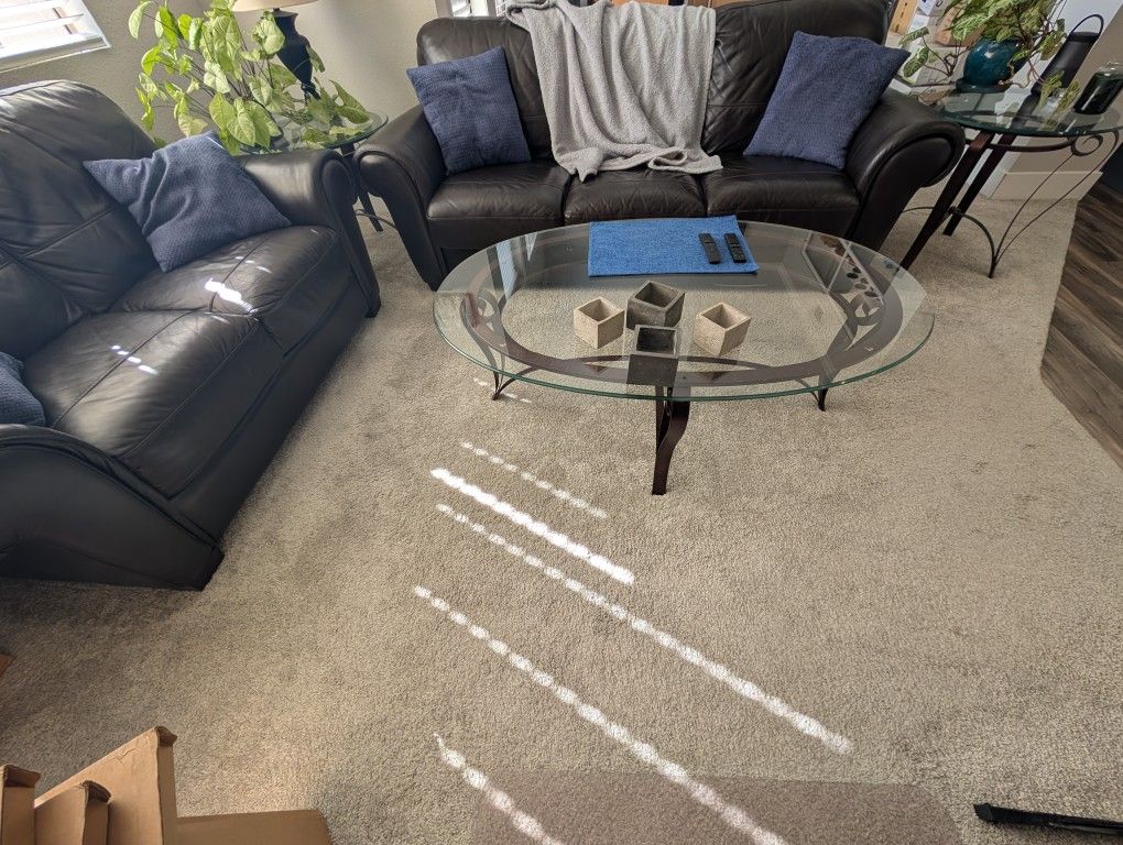 Moca Leather Couch & Love Seat / Glass Coffee & End Tables