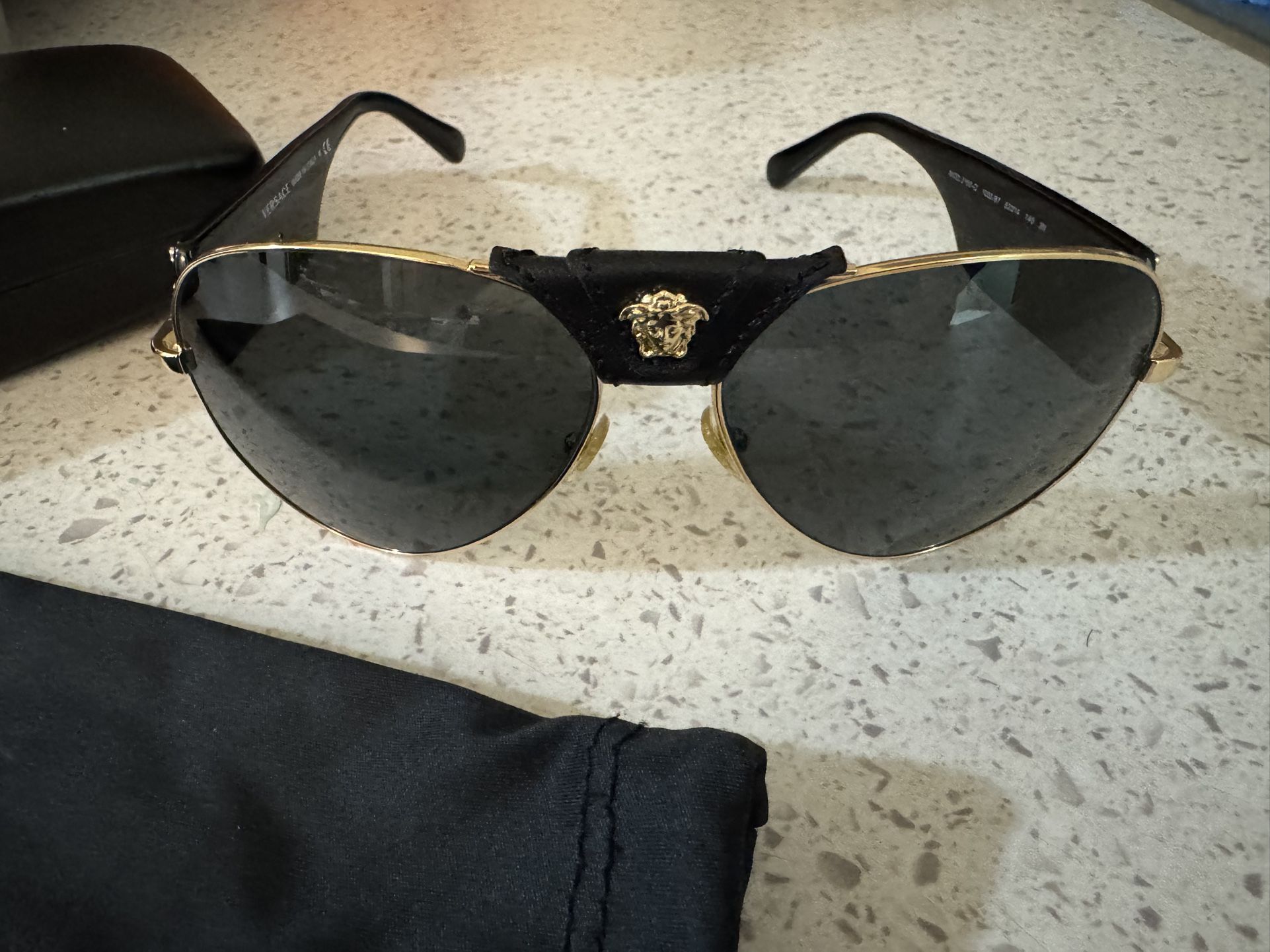 Versace/Gold Medusa Leather Pilot Sunglasses
