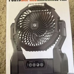 Portable Rechargeable Fan with Light & Timer – 4 Speeds, Adjustable, New