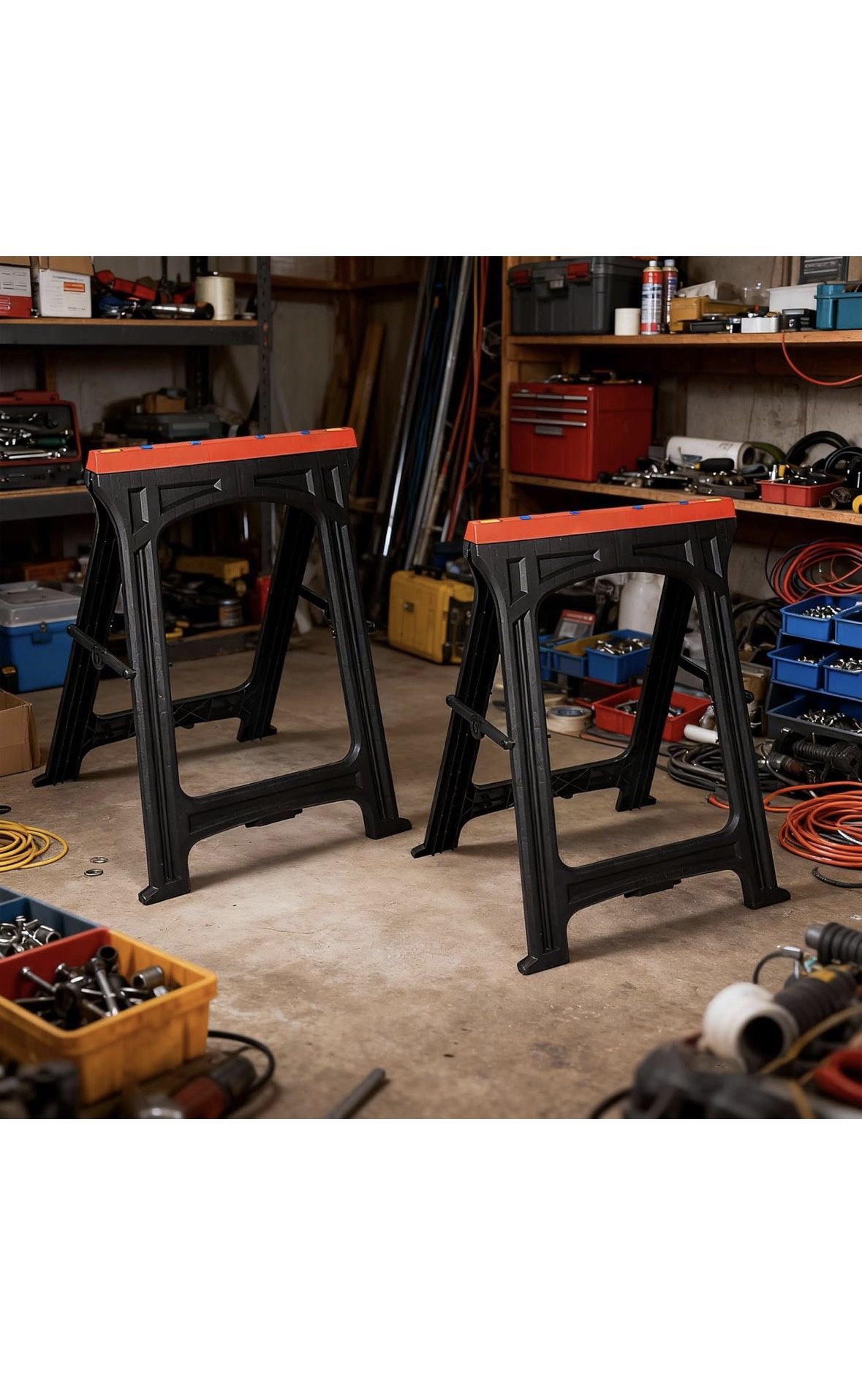 New In Box Folding Heavy Duty Saw Horses 2 Pack, Weather Resistant Plastic