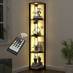 Corner Shelf with Light, Floor Lamps with Storage Shelves 5-Tier Corner Bookshelf for Small Space