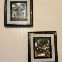 Vintage Framed Shadowbox 3D Bathroom Scene Wall Art With Ornate Gold & Green Sink Design & Tub Set