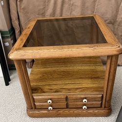 Vintage Solid Wood End Table With Smoky Glass 60s-70s