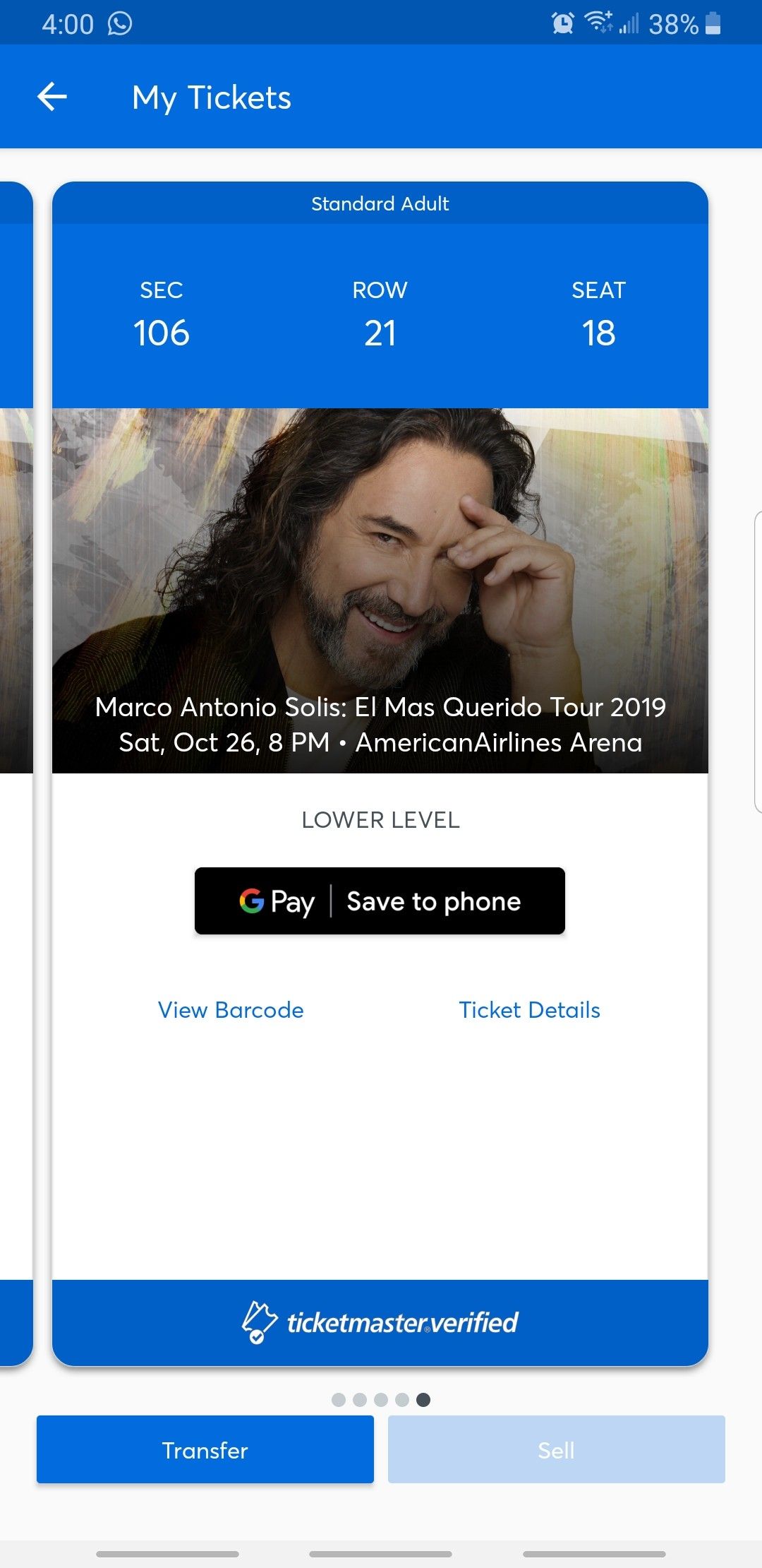 Marco Antonio Solis- Miami AA Arena October 26, 2019. Section 106