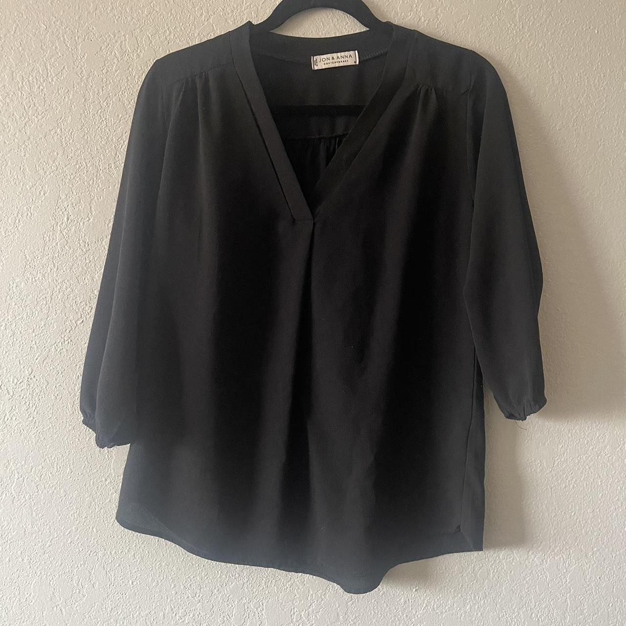 Jon & Anna, Women’s Black 3/4 Sleeve V-Neck Sheer Blouse, Size M