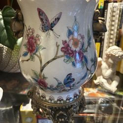Beautiful Wide Ceramic Vase In Beige Color With Flowers Painted