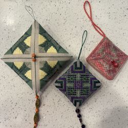Set Of 3 Vintage Handmade Embroidered Christmas Ornaments