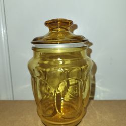 Vintage L.E. Smith amber glass bubble thumbprint jar with lid