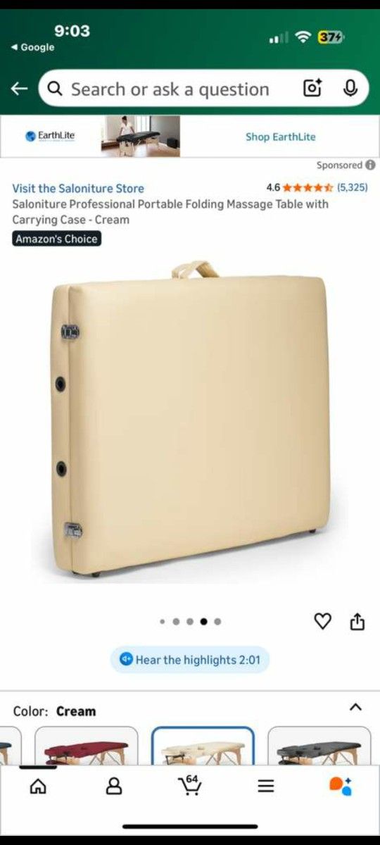 Saloniture Professional Portable Folding Massage Table with Carrying Case - Cream