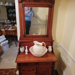 Beatiful Antique Wooden Wash Stand With Pitcher & Bowl 