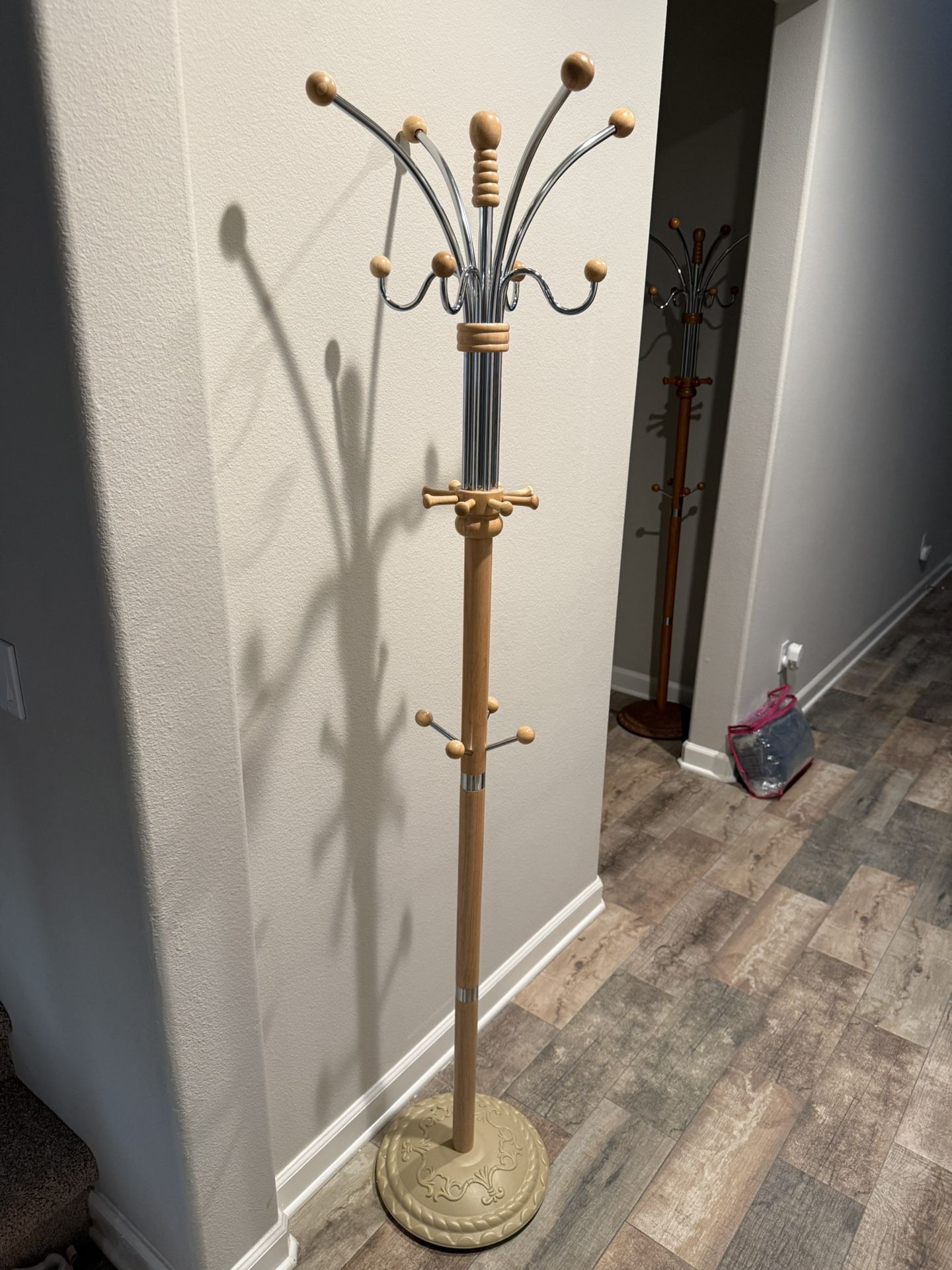 New 73" Tall Chrome and Wood Coat Rack, Natural finish Coat Rack Freestanding Easy Assembly for Hanging Clothes,Bags,Coat Hanger for Hallway