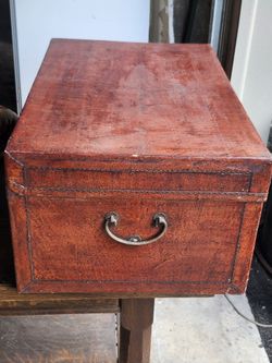 Antique Chinese Lacquered Pigskin Trunk - Shanghai Maker's Label, Red-Brown Hide Chest, 28.5 in.