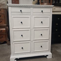 White Distressed Solid Oak Wood Tallboy Dresser