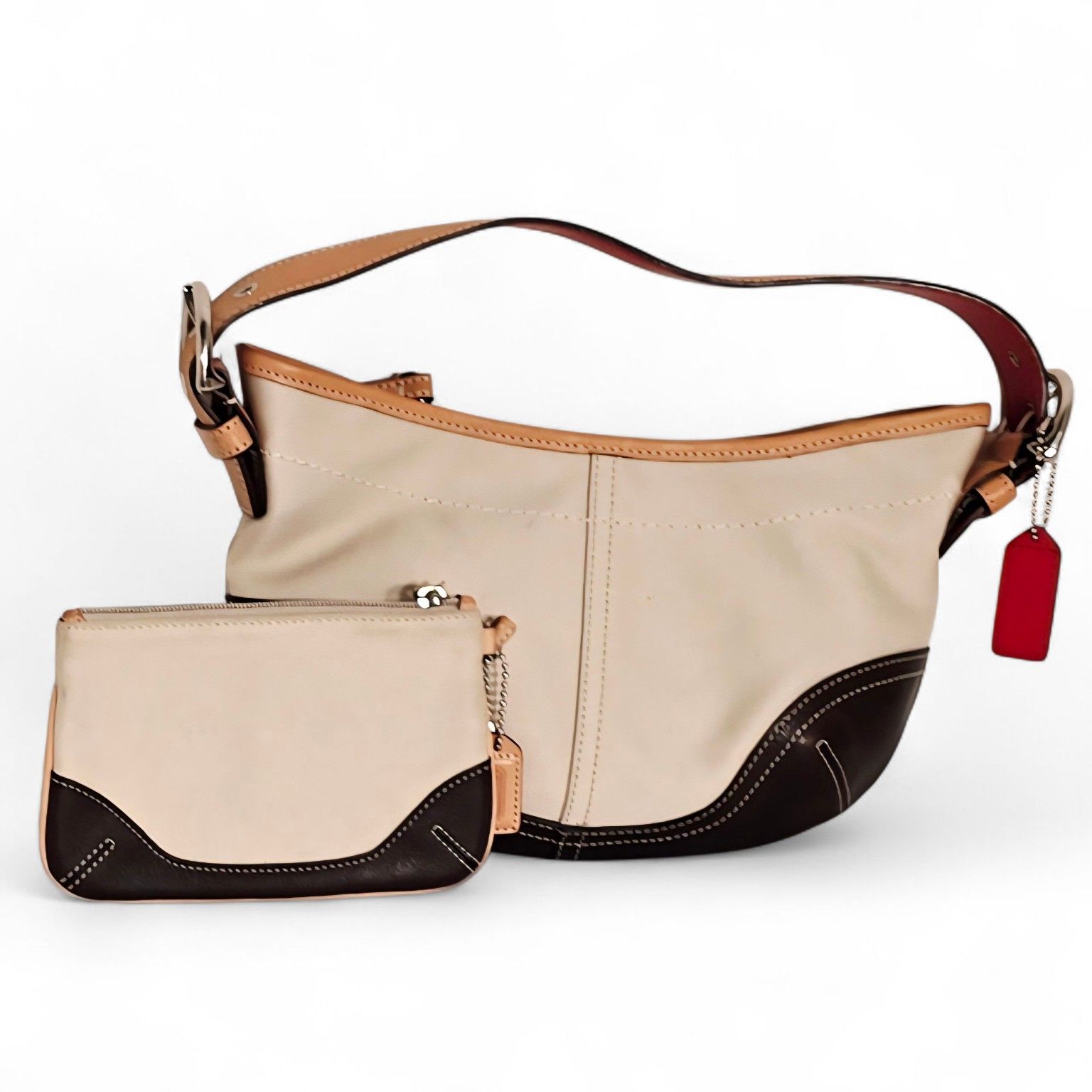 “Coach Canvas Leather Shoulder Bag + Matching Wristlet Brown Cream Red Lining Purse Set”