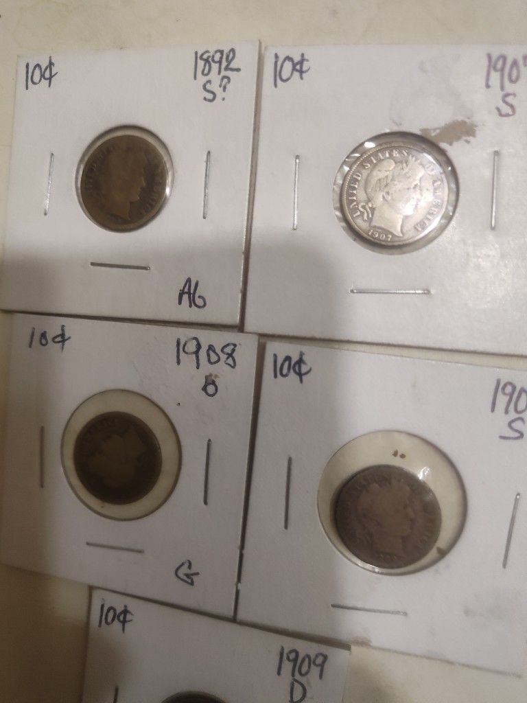 1892 S, 1907 S, 1908 I, 1909 S, 1909 D, Barber Dimes