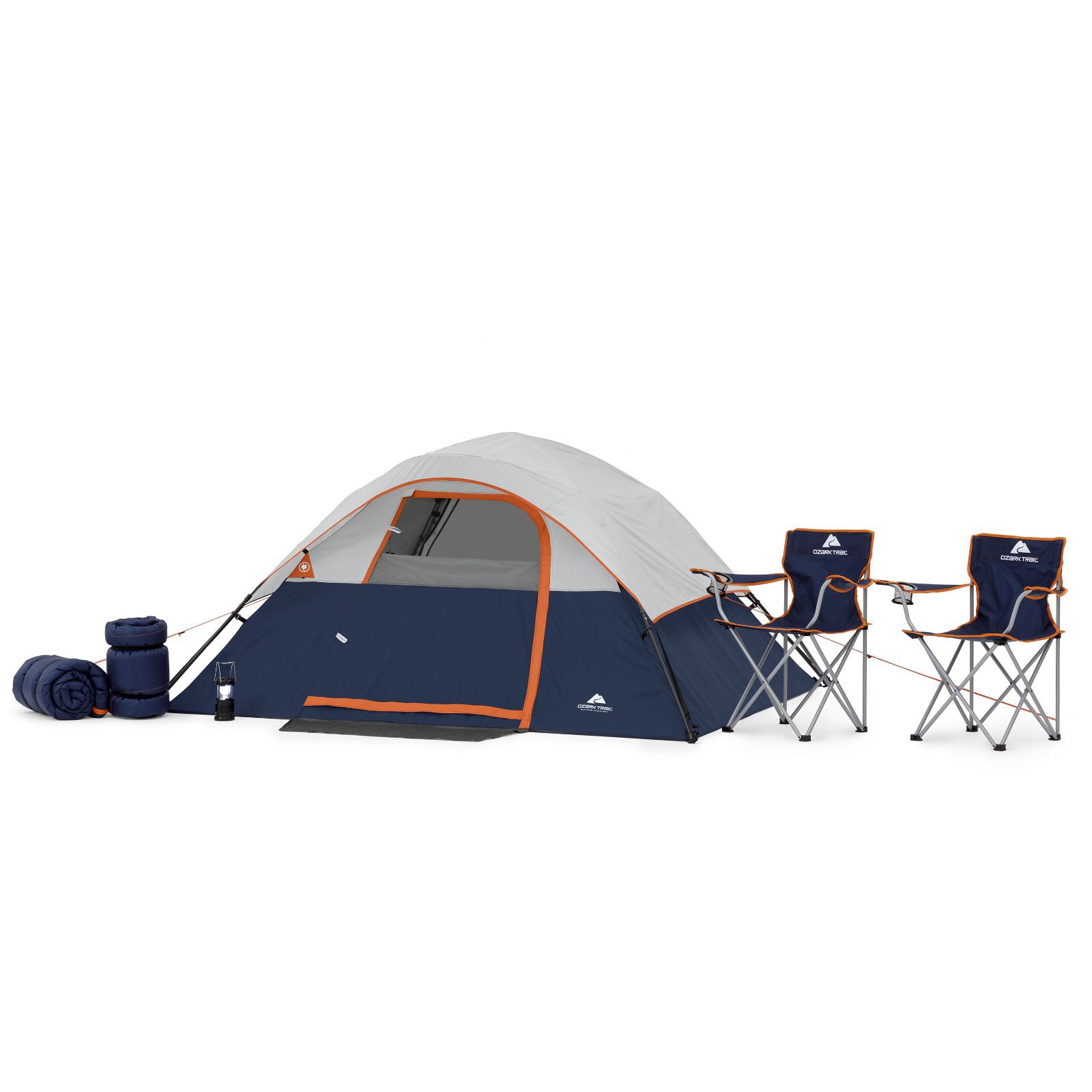 Title: Ozark Trail 6 Piece Camping Combo Description: Includes: 4-person instant tent, two foldable chairs, two sleeping bags and a collapsible LED La