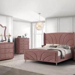 Brand New 4PC Pink Velvet Bedroom Set