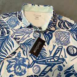 Good Good Polo Shirt Mens White Blue Approach Me Golf Performance Stretch Fish