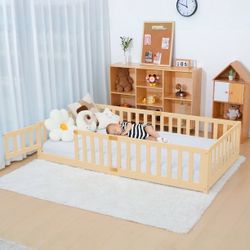 Twin Floor Bed, Toddler Bed Frame with Safety Rails, Kids Montessori Floor Bed with Fence