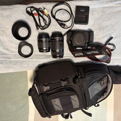 Canon DSLR Camera, Lenses, Charger, Bag, And Lens Hoods