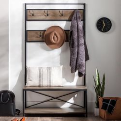 Modern Farmhouse X Back Hall Tree with Bench, 72 Inch, Driftwood