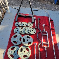 1" HOLE  160LBs.  4-25s. 4-10s. 4-5s 
6'  STRAIGHT BAR. EZ-CURL BAR. TRICEP BAR. 2-DUMBBELL HANDLES. PLATE TREE 
11525 S HALSTED DUNKIN DONUTS/
7111.S