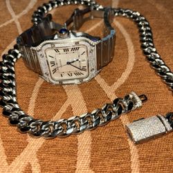 Cartier watch & Cuban Chain W/ Iced Out Locket 