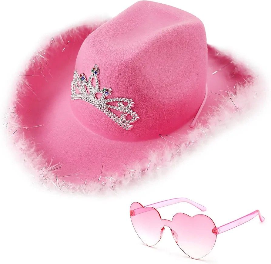 Pink Cowgirl Hat With heart shaped Glasses