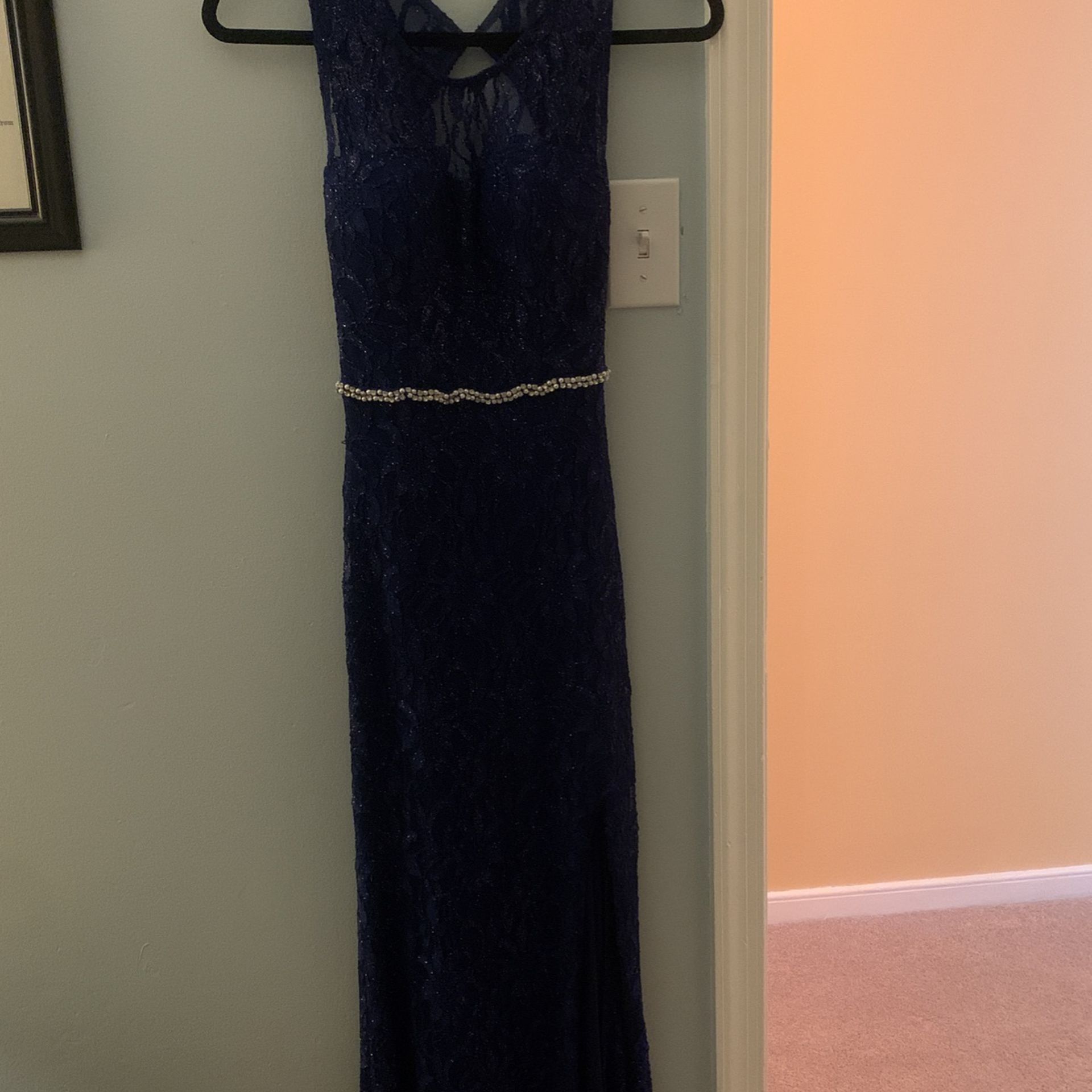 Navy Blue Prom Dress With Sequins 