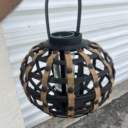 Rustic Wooden and Wicker Hanging Porch Lantern Candle Holder!  16x12in